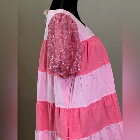 NWT Women’s FANTASTIC FAWN pink colorblock sequin puff sleeve dress- Size Medium - Picture 5 of 9